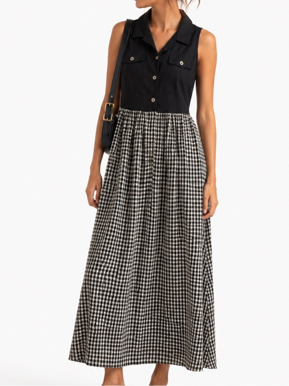 Vintage 80s Joseph Gee Linen Gingham Black & Tan Sleeveless Midi Dress